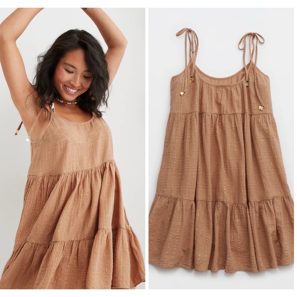 Aerie Mini Dress Magic Cover Up Gold Metallic Thread Tie Strap Medium Cappuccino